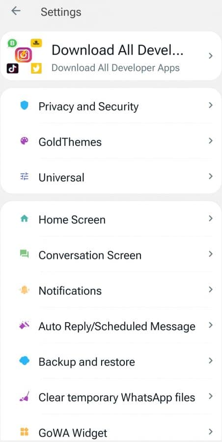 Settings Panel On WhatsApp Gold Apk